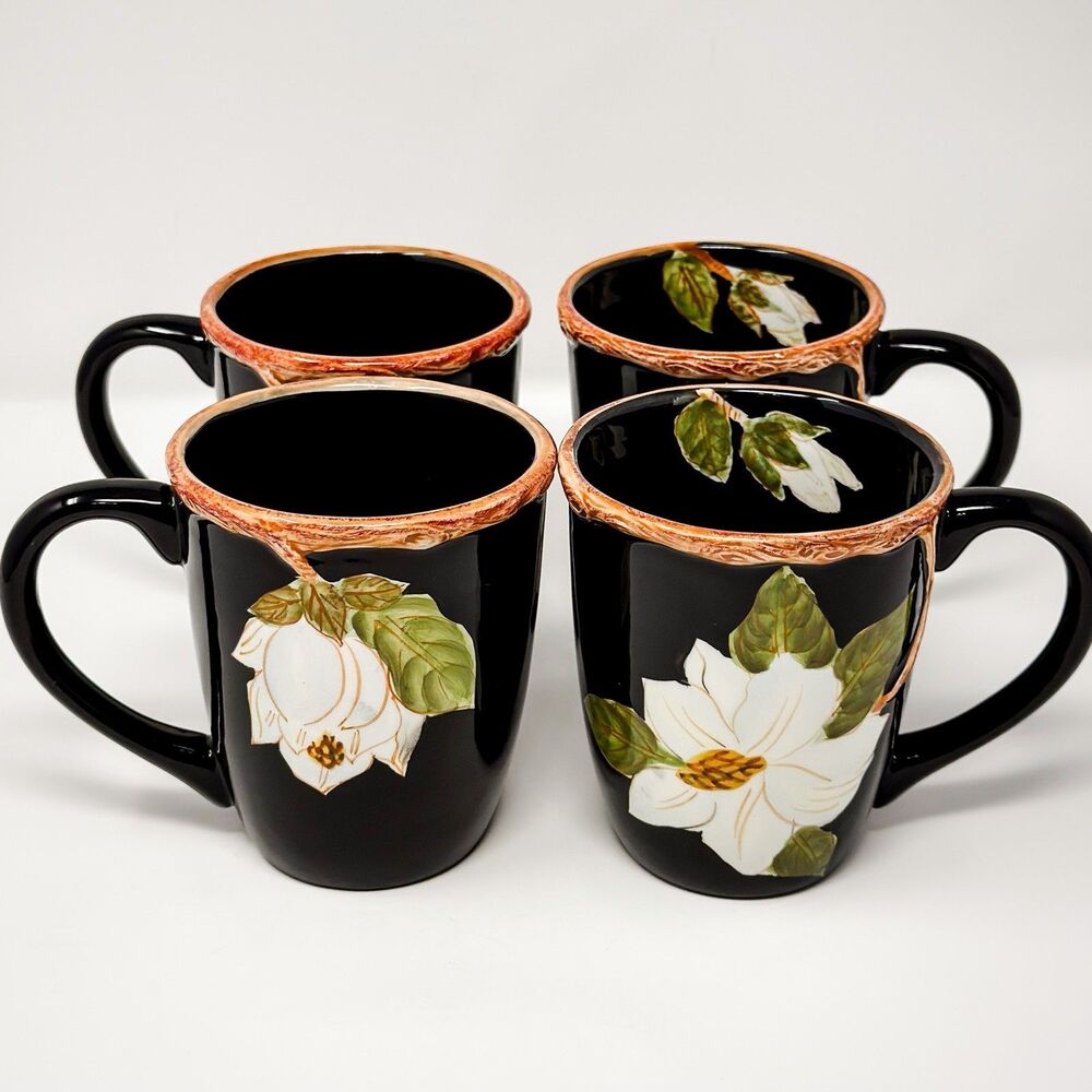 Artimino Magnolia Charm Hand Painted Italy Mug Set 4 Black Floral Discontinued